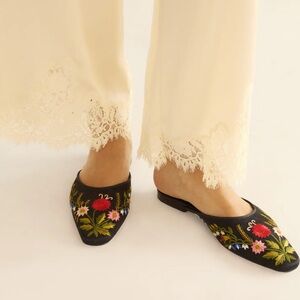 Doen Wren Mule in Embroidered Black Satin